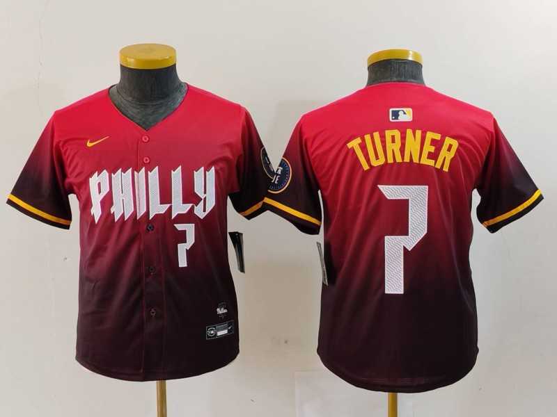 Youth Philadelphia Phillies #7 Trea Turner Number Red 2024 City Connect Limited Jersey,We sell and wholesale Youth Philadelphia Phillies #7 Trea Turner Number Red 2024 City Connect Limited Jersey on line form chian!
